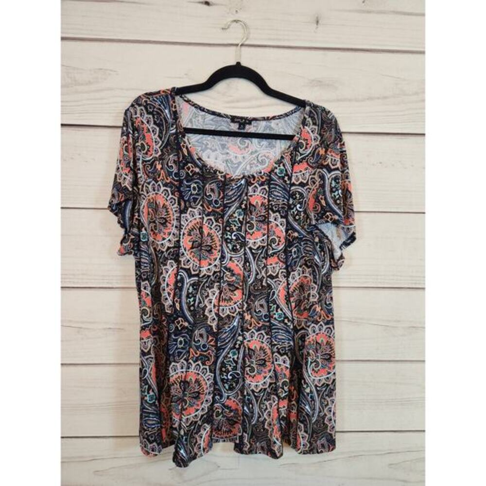 Sami & Jo Women's Multicolor Paisley Printed Crew Neck Short Sleeve Blouse Sz 3X